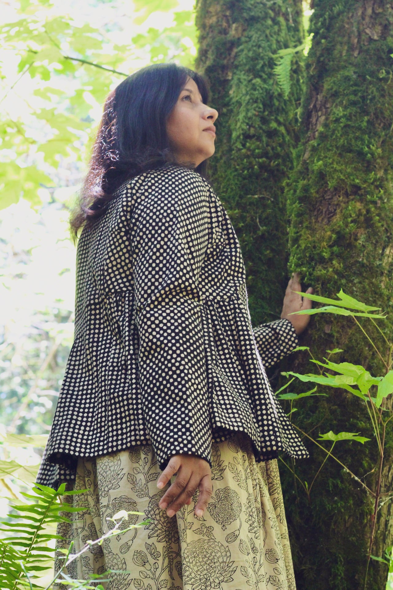 Black Polka Dot Gathered Jacket - Crafted in Cotton Slub with Natural Dyes